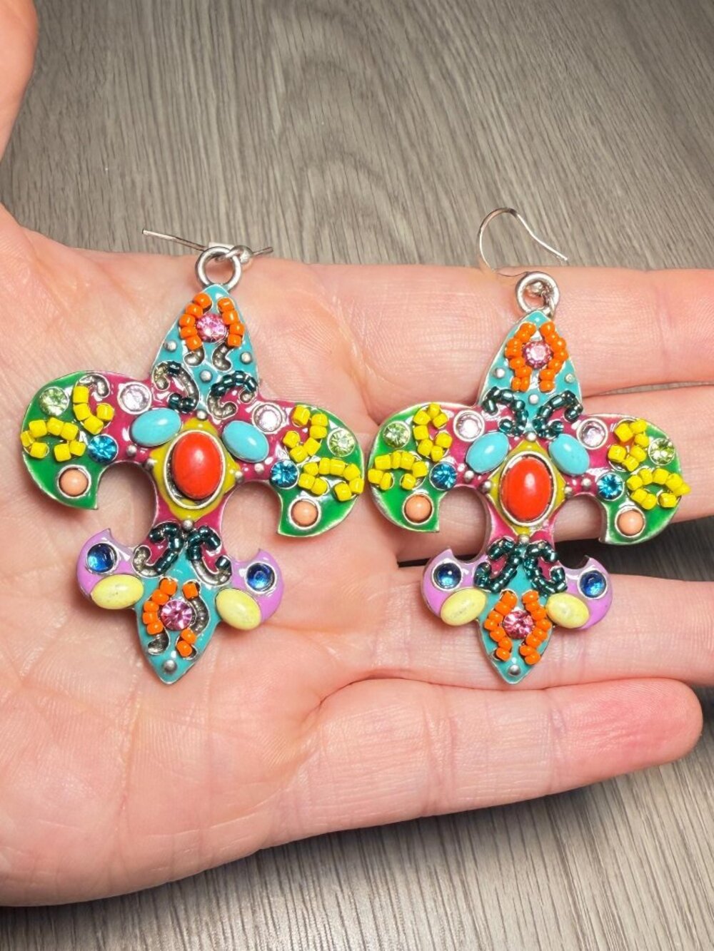Fleur De Lis Earrings Colorful Beaded Enamel Handmade OOAK Pair